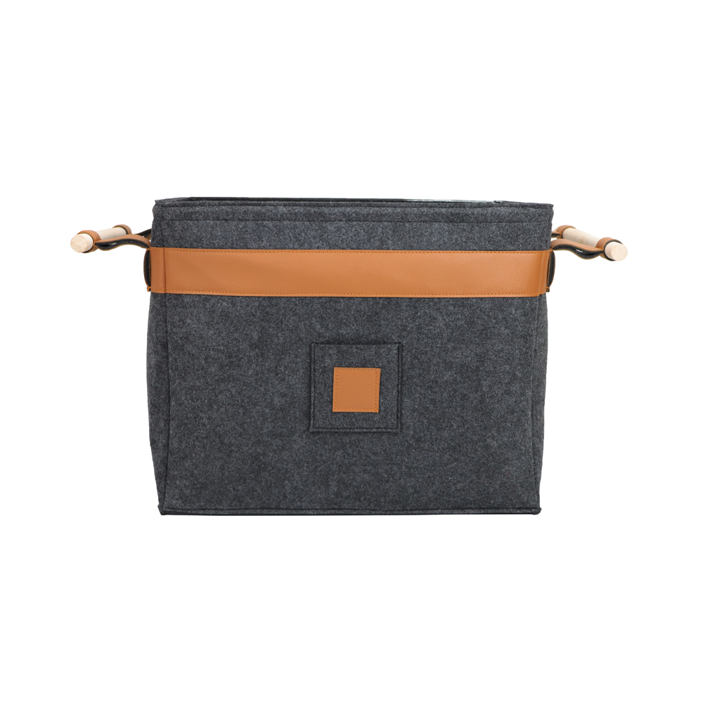 Customized Grey with Wood Handles Home PU Edge Storage Basket Foldable Felt Storage Basket Featured Image
