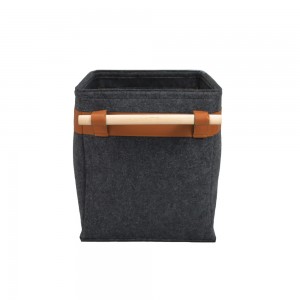 Customized Grey with Wood Handles Home PU Edge Storage Basket Foldable Felt Storage Basket