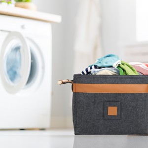 Customized Grey with Wood Handles Home PU Edge Storage Basket Foldable Felt Storage Basket