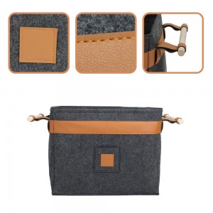 Customized Grey with Wood Handles Home PU Edge Storage Basket Foldable Felt Storage Basket