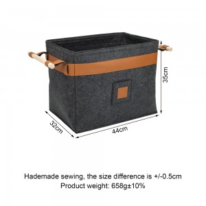 Customized Grey with Wood Handles Home PU Edge Storage Basket Foldable Felt Storage Basket