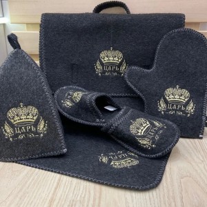 Sauna Bath Set Tsar-Eco-Friendly Soft Reusable Storage Bag Sauna Hat Gloves Mat Slippers 5 Embroidery Patches Gray