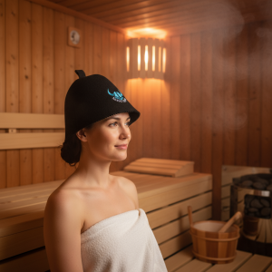 女士佩戴桑拿帽高清版