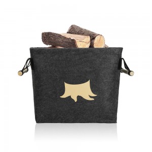 OEM design square firewood Woven Felt Storage basket with PU and wood handles