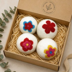 Eco Friendly Floral Felt Wool Dryer Balls Gift Box Pack Natural Fabric Softener Handmade Wool Laundry Dryer Balls for Clothes Drying