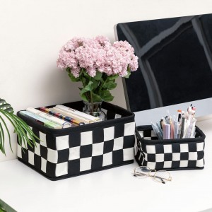 Black and white checkerboard kids bedroom house using storage basket set