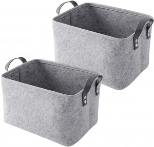 Foldable Felt Storage Basket Laundry Hamper with PU Leather Handles