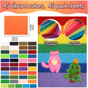 45Pcs Felt Fabric Sheets 6 x 6 inches, Assorted Colors Non Woven Felt Sheets, 1mm Thick Felt Fabric Square for Kids, DIY Sewing Crafts, Embroidering, School Projects, Patchwork, Festival Decoration