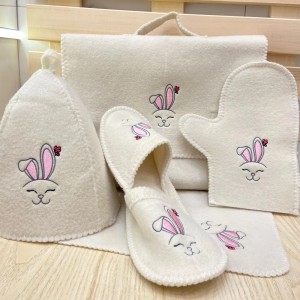 Bath & Sauna Set ‘Bunny with Ears’ Reusable Quick Dry Soft Cap Storage Bag Sauna Glove Mat Slippers 5 Embroideries for Hotels