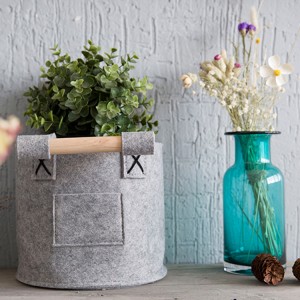 Wood handle felt storage basket