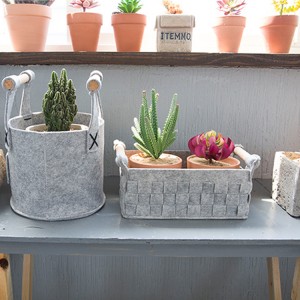 Wood handle felt storage basket